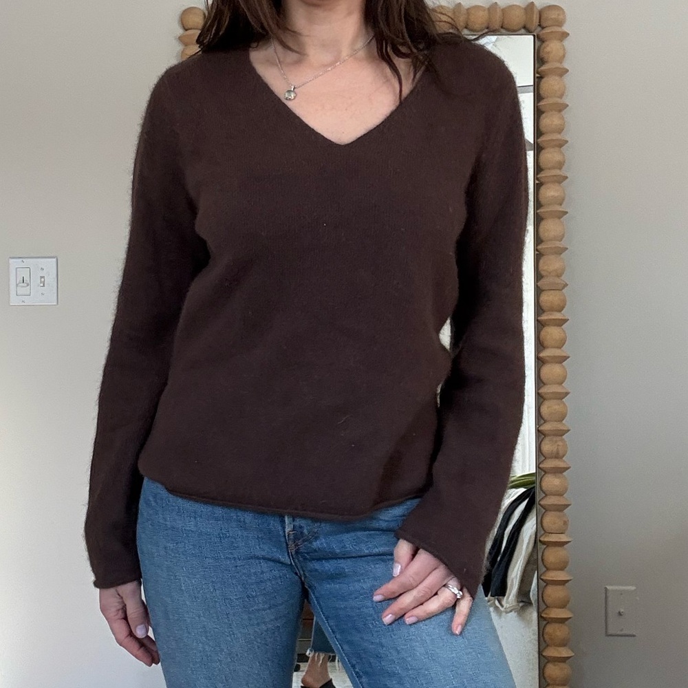 Sarah Spencer Fuzzy Brown Angora Blend V -neck Sweater